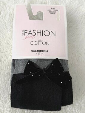 Calzedonia Kids Girls Gray Black Cotton Longuette Velvet Bow Tights 8-10 NWT